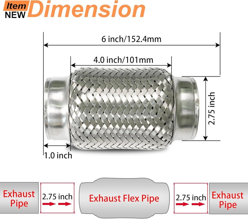 Simnliras 2.75 inch Exhaust Flex Pipe, 2.75" x 3.7"w, Stainless Steel Heavy Duty Double Braid Exhaust Flex Tube, 6" Overall Length, 2 Pack - Image 2